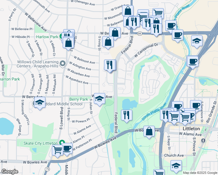 map of restaurants, bars, coffee shops, grocery stores, and more near 5471 South Federal Circle in Littleton