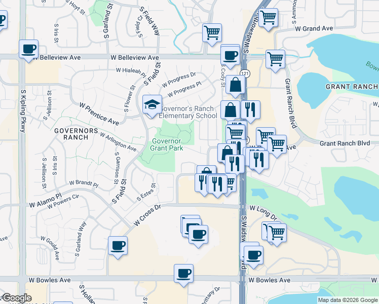 map of restaurants, bars, coffee shops, grocery stores, and more near 8755 West Berry Avenue in Denver