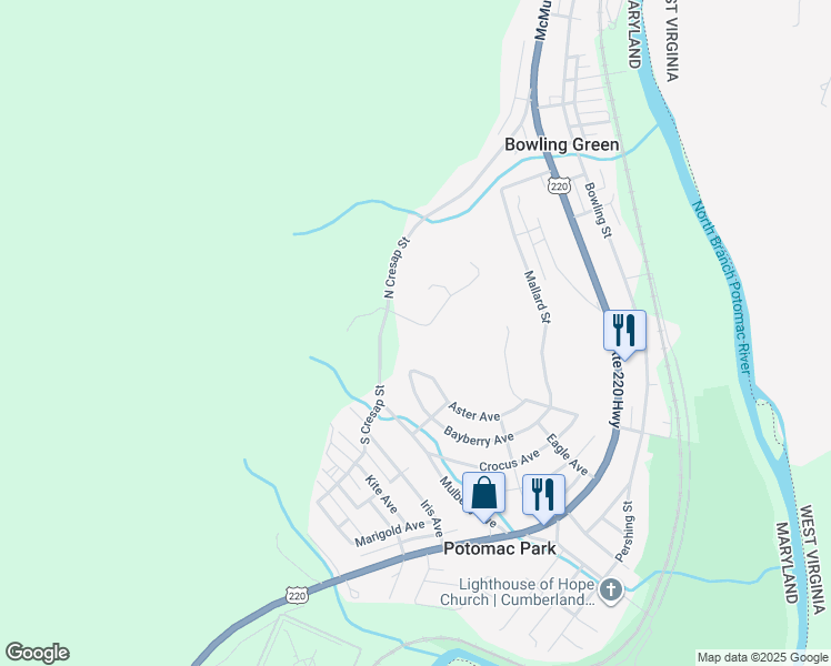 map of restaurants, bars, coffee shops, grocery stores, and more near 12918 North Cresap Street in Cumberland