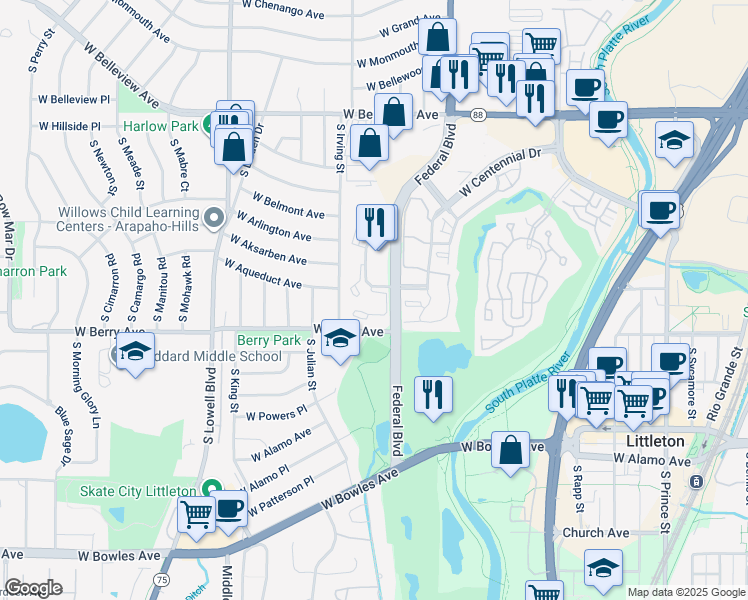 map of restaurants, bars, coffee shops, grocery stores, and more near 5425 South Federal Circle in Littleton