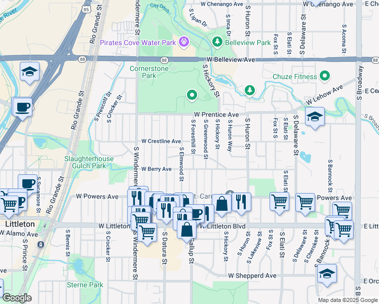 map of restaurants, bars, coffee shops, grocery stores, and more near 5425 South Elmwood Street in Littleton