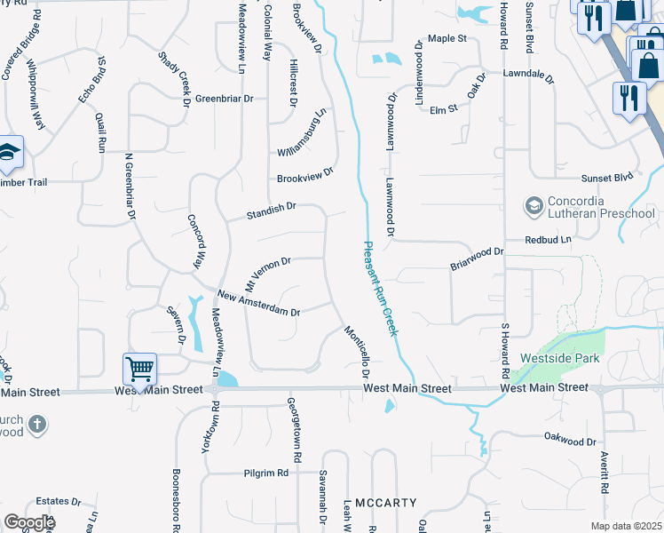 map of restaurants, bars, coffee shops, grocery stores, and more near 281 Monticello Drive in Greenwood