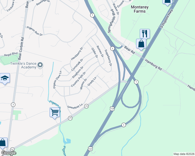 map of restaurants, bars, coffee shops, grocery stores, and more near 20 Baywatch Road in New Castle