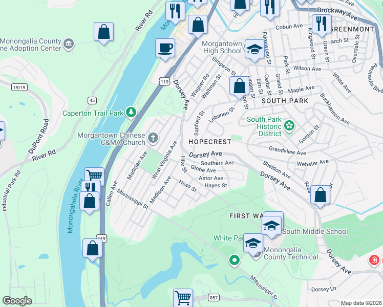 map of restaurants, bars, coffee shops, grocery stores, and more near 459 Dorsey Avenue in Morgantown