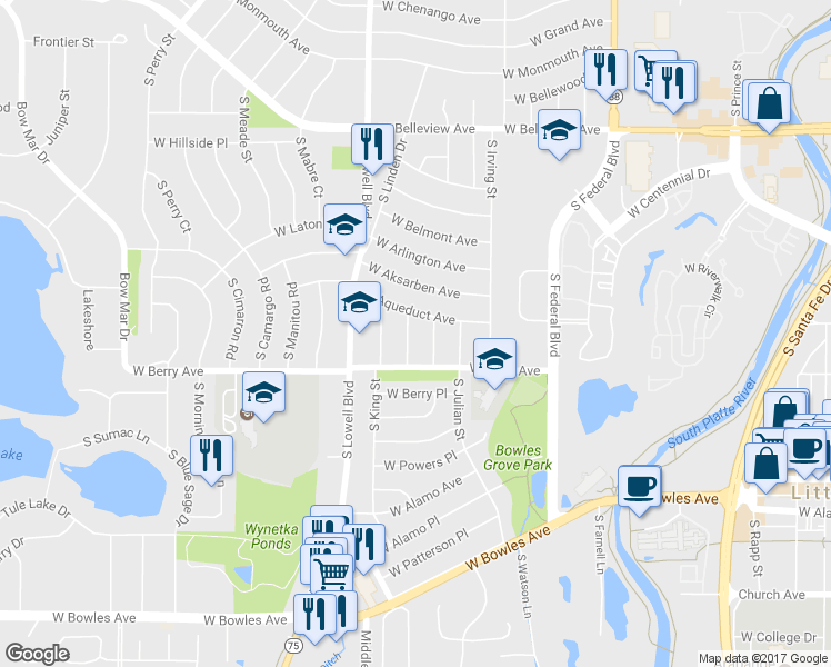 map of restaurants, bars, coffee shops, grocery stores, and more near 5436 South Knox Court in Littleton