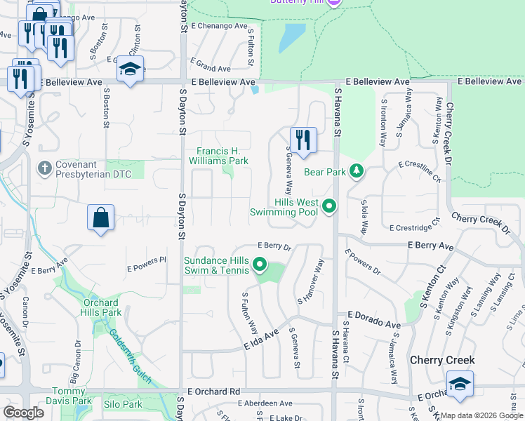 map of restaurants, bars, coffee shops, grocery stores, and more near 5411 South Geneva Street in Englewood