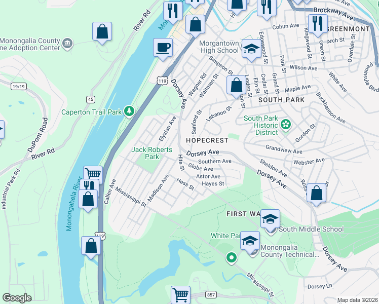 map of restaurants, bars, coffee shops, grocery stores, and more near 459 Dorsey Ave in Morgantown