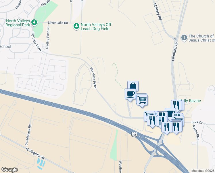 map of restaurants, bars, coffee shops, grocery stores, and more near Sky Vista Parkway in Reno
