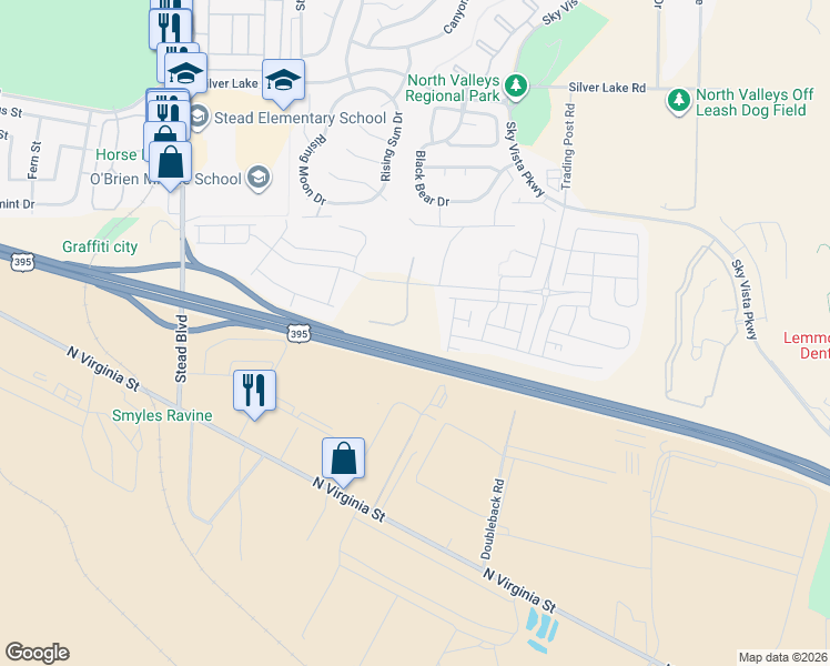 map of restaurants, bars, coffee shops, grocery stores, and more near 9660 Silver Dollar Lane in Reno