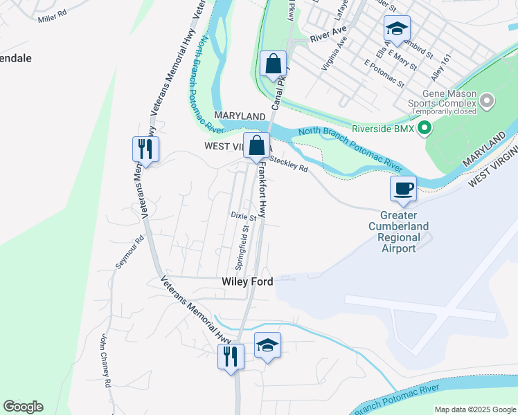 map of restaurants, bars, coffee shops, grocery stores, and more near 197 Stately Street in Wiley Ford