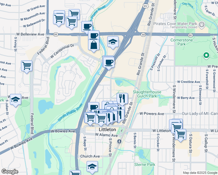 map of restaurants, bars, coffee shops, grocery stores, and more near 5423 South Prince Street in Littleton