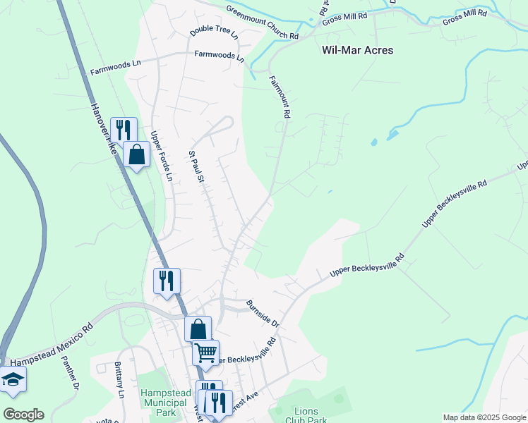 map of restaurants, bars, coffee shops, grocery stores, and more near 1555 Fairmount Road in Hampstead