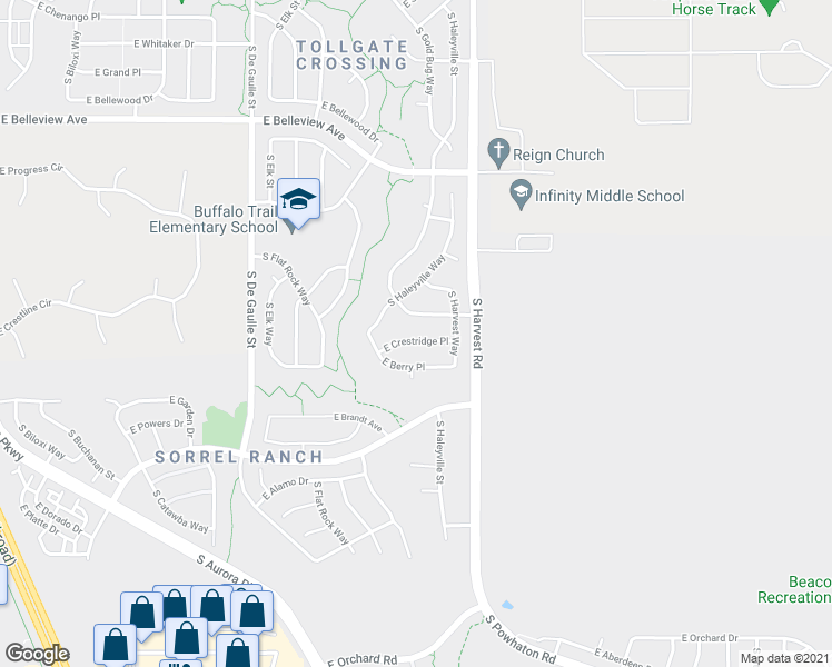 map of restaurants, bars, coffee shops, grocery stores, and more near 24683 East Crestridge Place in Aurora