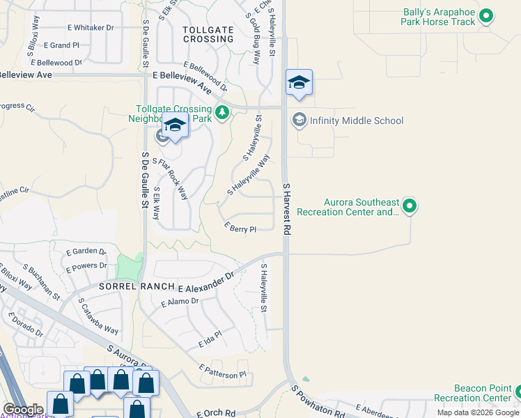 map of restaurants, bars, coffee shops, grocery stores, and more near 24683 East Crestridge Place in Aurora