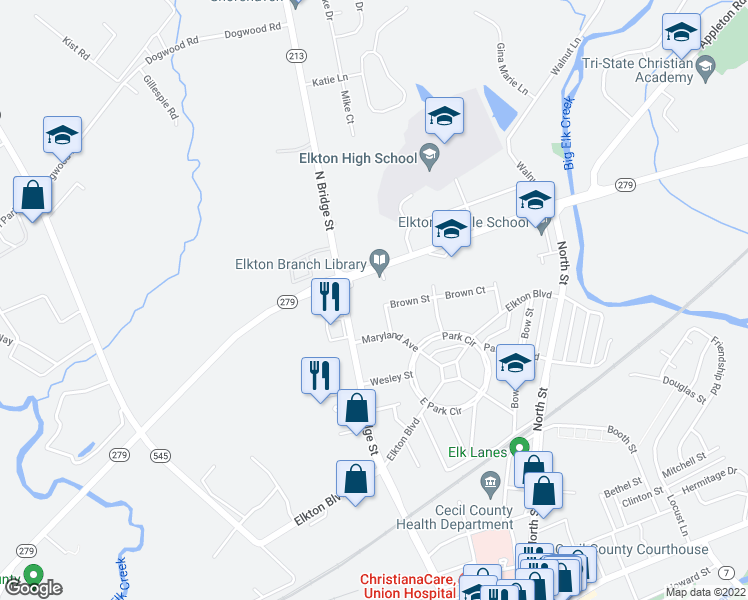 map of restaurants, bars, coffee shops, grocery stores, and more near 109 Hunter Street in Elkton