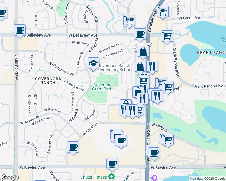 map of restaurants, bars, coffee shops, grocery stores, and more near 8755 West Berry Avenue in Denver