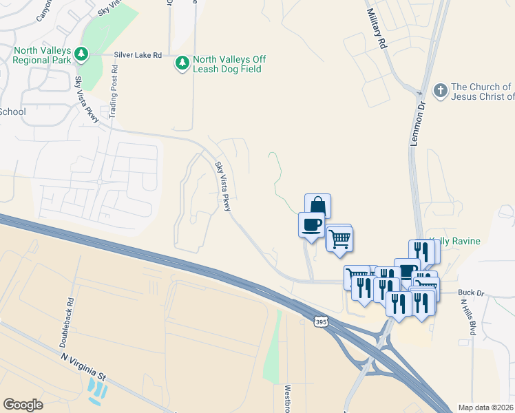 map of restaurants, bars, coffee shops, grocery stores, and more near Sky Vista Parkway in Reno