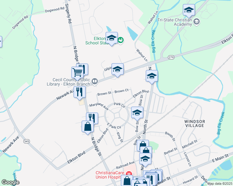 map of restaurants, bars, coffee shops, grocery stores, and more near 118 Brown Street in Elkton