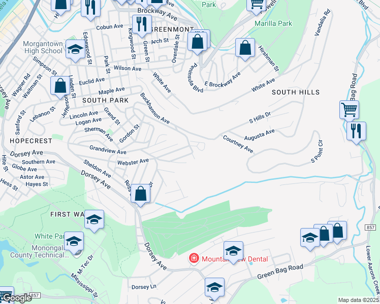 map of restaurants, bars, coffee shops, grocery stores, and more near 385 Spencer Street in Morgantown
