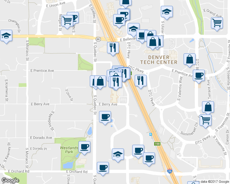 map of restaurants, bars, coffee shops, grocery stores, and more near 5425 Land Mark Place in Greenwood Village