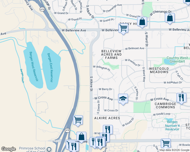 map of restaurants, bars, coffee shops, grocery stores, and more near 5441 South Zinnia Court in Littleton