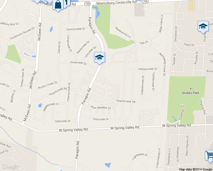 map of restaurants, bars, coffee shops, grocery stores, and more near 8740 Washington Colony Drive in Dayton