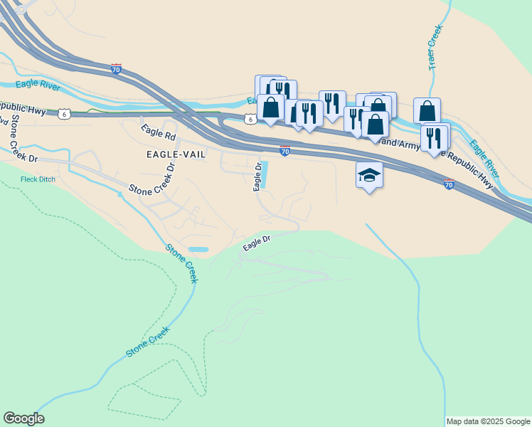 map of restaurants, bars, coffee shops, grocery stores, and more near 191 Eagle Drive in Vail