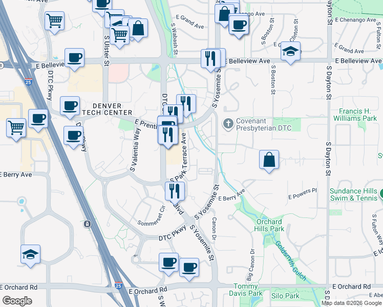 map of restaurants, bars, coffee shops, grocery stores, and more near 5400 South Park Terrace Avenue in Englewood