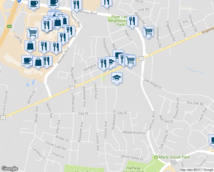 map of restaurants, bars, coffee shops, grocery stores, and more near 17518 Lincolnshire Road in Hagerstown