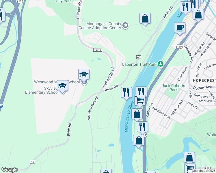 map of restaurants, bars, coffee shops, grocery stores, and more near 516 River Road in Morgantown