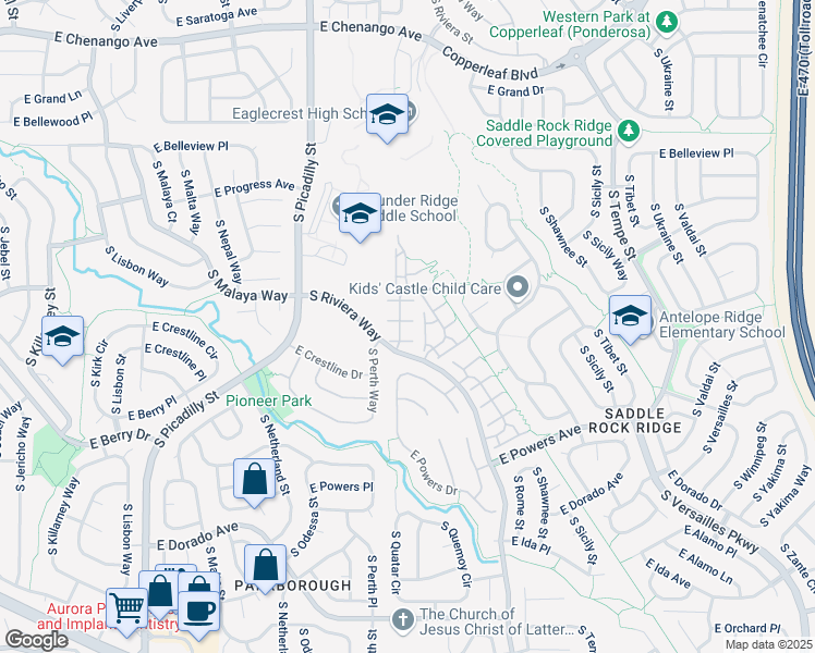 map of restaurants, bars, coffee shops, grocery stores, and more near 5446 South Picadilly Court in Aurora
