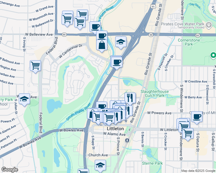 map of restaurants, bars, coffee shops, grocery stores, and more near 2594 West Crestline Avenue in Littleton