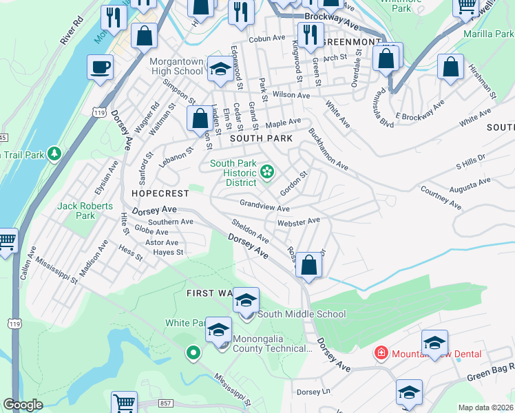 map of restaurants, bars, coffee shops, grocery stores, and more near 146 Grandview Avenue in Morgantown