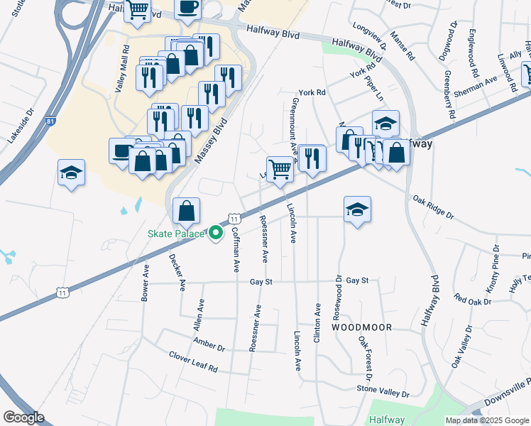 map of restaurants, bars, coffee shops, grocery stores, and more near 11049 Roessner Avenue in Hagerstown