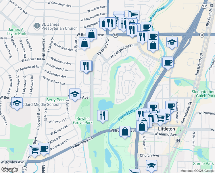 map of restaurants, bars, coffee shops, grocery stores, and more near 3026 West Centennial Drive in Littleton