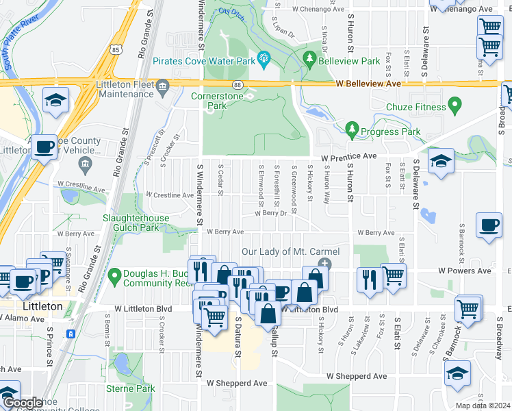 map of restaurants, bars, coffee shops, grocery stores, and more near 5415 South Elmwood Street in Littleton