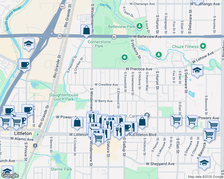 map of restaurants, bars, coffee shops, grocery stores, and more near 5433 South Datura Street in Littleton
