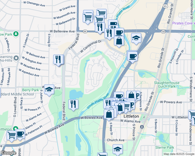 map of restaurants, bars, coffee shops, grocery stores, and more near 2769 West Riverwalk Circle in Littleton
