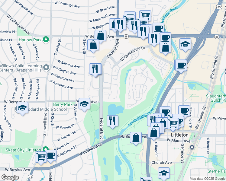 map of restaurants, bars, coffee shops, grocery stores, and more near 3026 West Centennial Drive in Littleton
