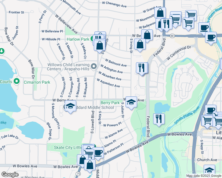 map of restaurants, bars, coffee shops, grocery stores, and more near 5436 South Knox Court in Littleton