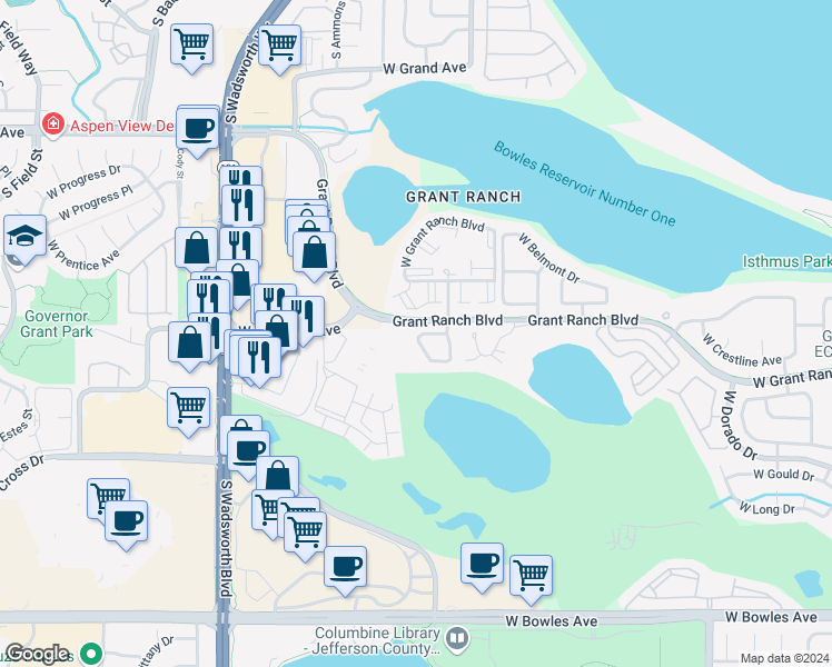map of restaurants, bars, coffee shops, grocery stores, and more near 5200 West Berry Avenue in Littleton