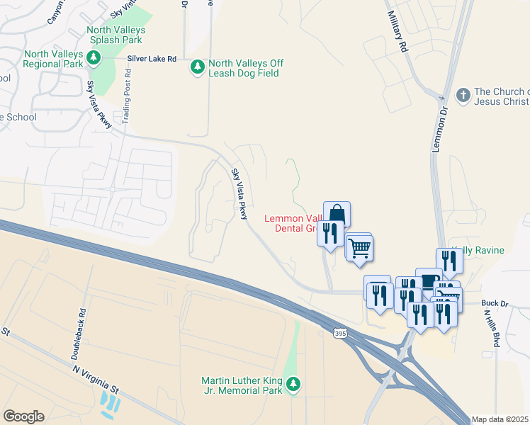 map of restaurants, bars, coffee shops, grocery stores, and more near Sky Vista Parkway in Reno