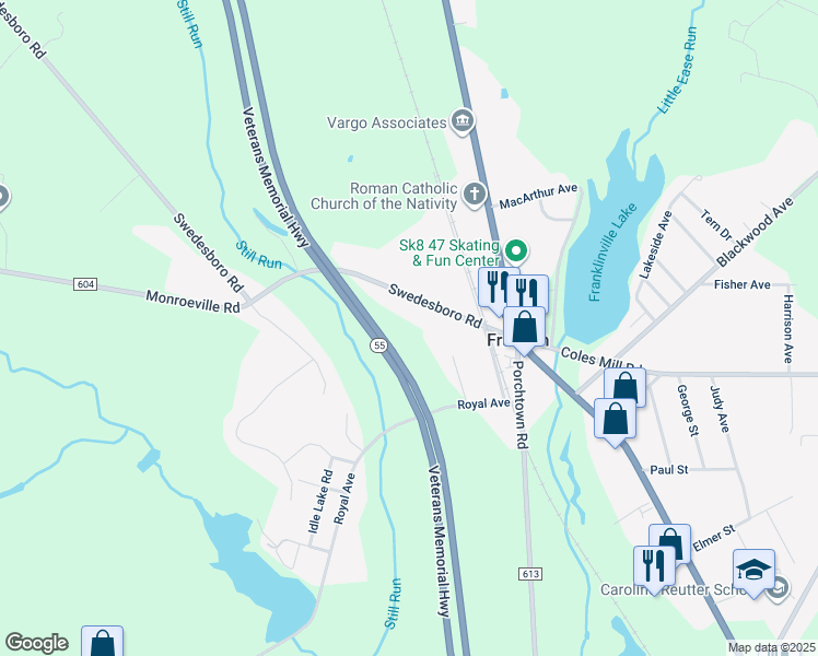 map of restaurants, bars, coffee shops, grocery stores, and more near 291 Swedesboro Road in Franklin