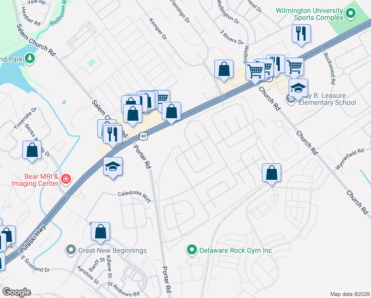 map of restaurants, bars, coffee shops, grocery stores, and more near 802 Samantha Circle in Bear