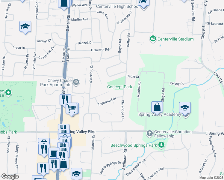 map of restaurants, bars, coffee shops, grocery stores, and more near 110 Gulfwood Court in Dayton