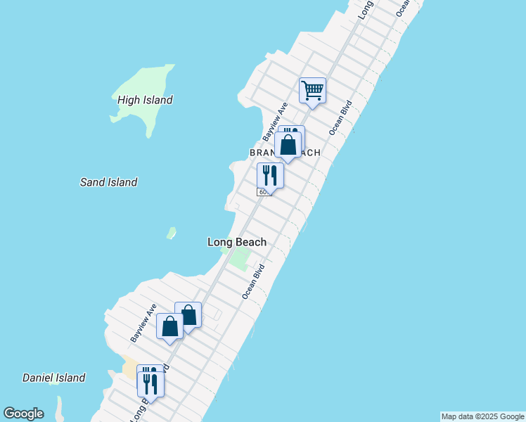 map of restaurants, bars, coffee shops, grocery stores, and more near 6511 Long Beach Boulevard in Beach Haven