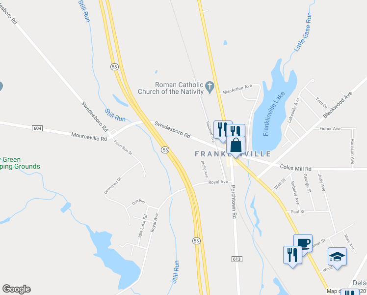 map of restaurants, bars, coffee shops, grocery stores, and more near 291 Swedesboro Road in Franklin