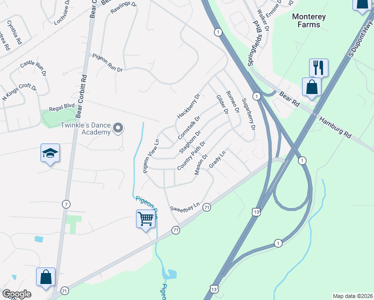 map of restaurants, bars, coffee shops, grocery stores, and more near 632 Country Path Drive in New Castle