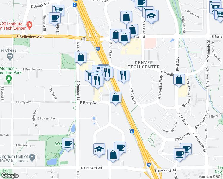 map of restaurants, bars, coffee shops, grocery stores, and more near 5390 Greenwood Plaza Blvd in Greenwood Village