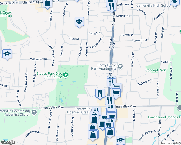 map of restaurants, bars, coffee shops, grocery stores, and more near 156 Mallard Glen Drive in Centerville